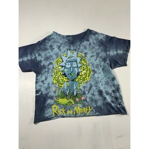 Rick And Morty T-Shirt Medium Blue Tie Dye Logo Graphic Short Sleeve Tee Raw Hem